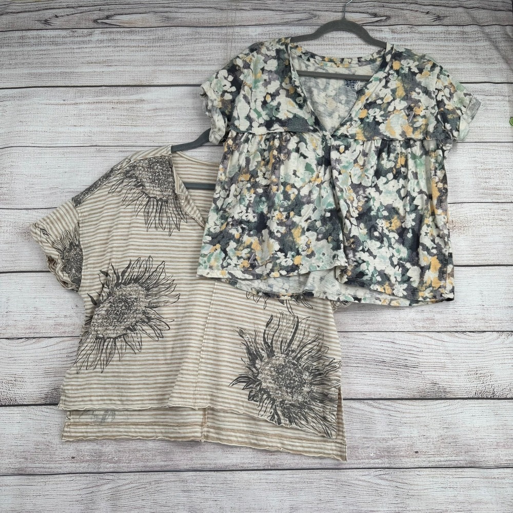 Pilcro T-Shirt Lot Women Small Multicolor Floral Sunflower Striped V-Neck 2pc